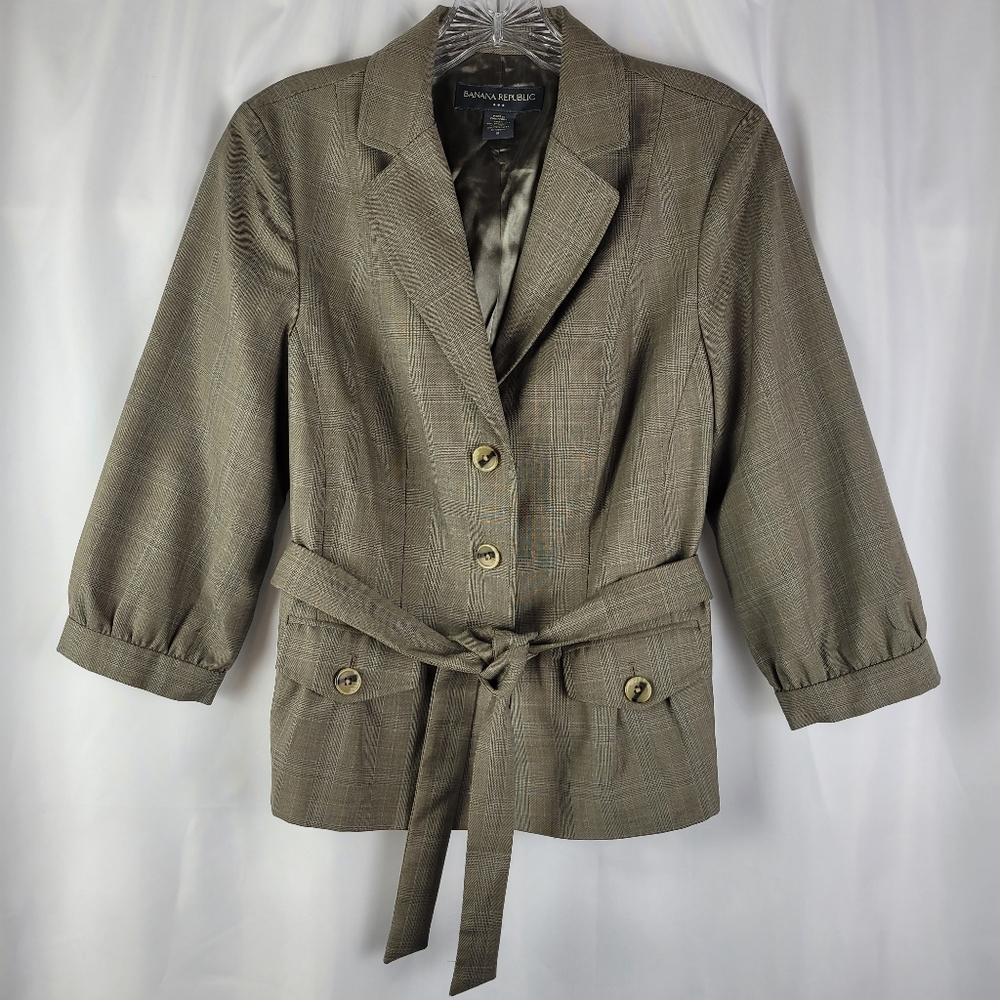 Banana Republic Wool Blend Tan Brown Plaid Tie Waist Career Blazer Jacket Size 8